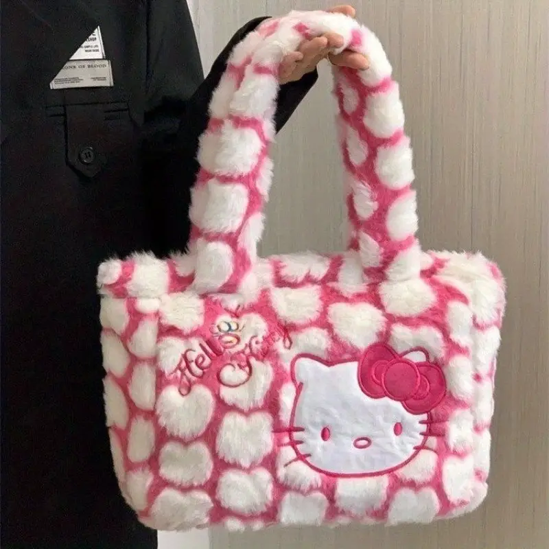 Sanrio Hello Kitty Pattern Shoulder Bag Plush Handbag Kawaii Tote Bag  Trendy Storage Handbag For Women Luxury Kawaii Sweet Soft Stuff Shopping  Travel